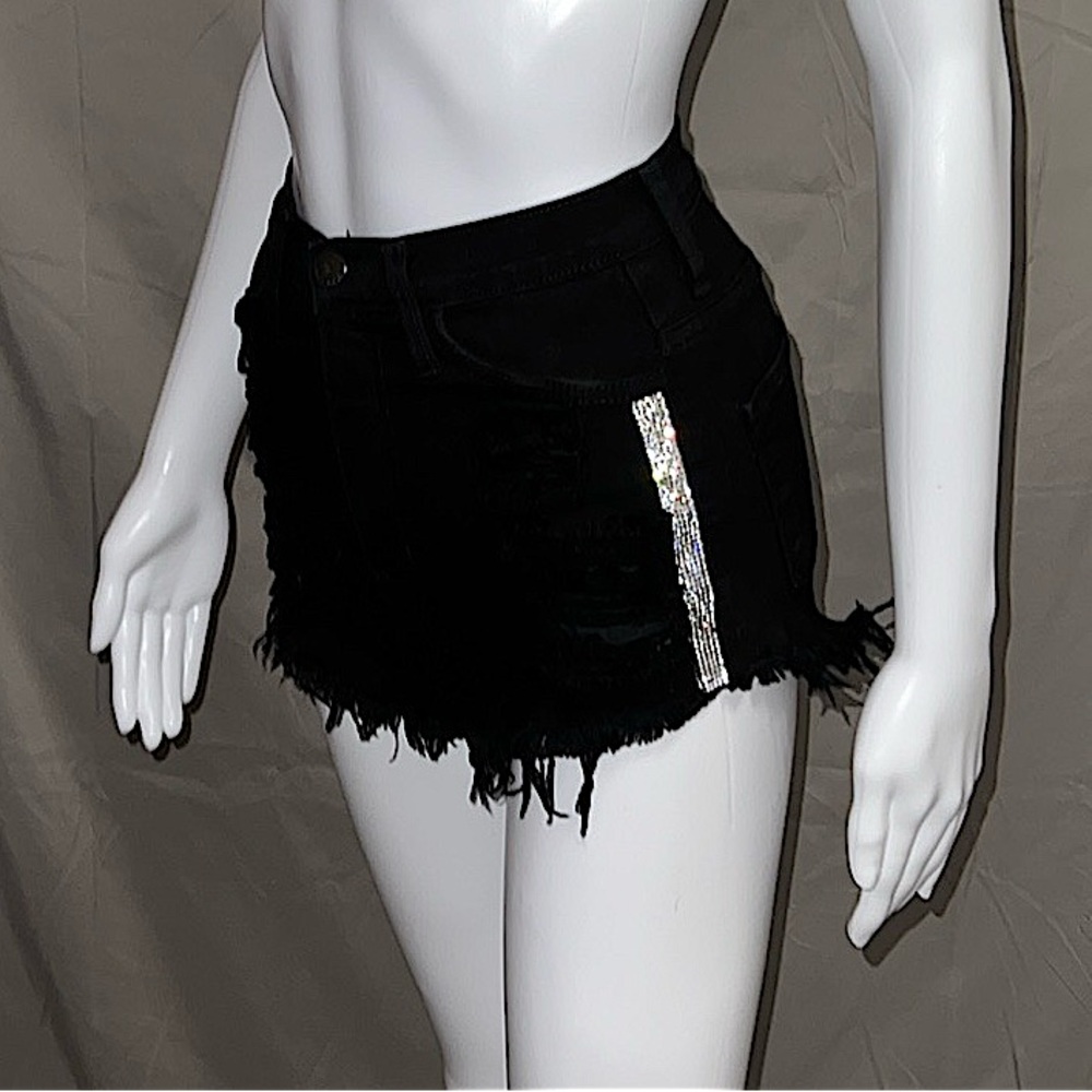 AKIRA Black Ripped Denim High Waisted Shorts with Rhinestones - XS